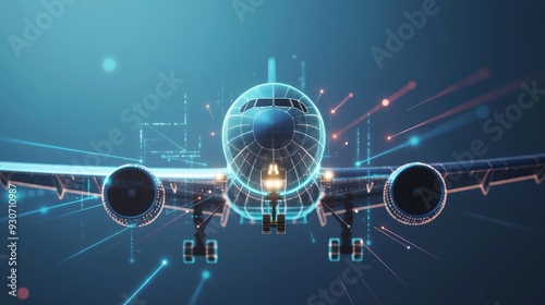 High tech delivery plane soaring towards camera with futuristic technology overlay lines, air transport concept