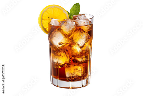 a glass of iced lemon tea isolated on clear white and transparent background