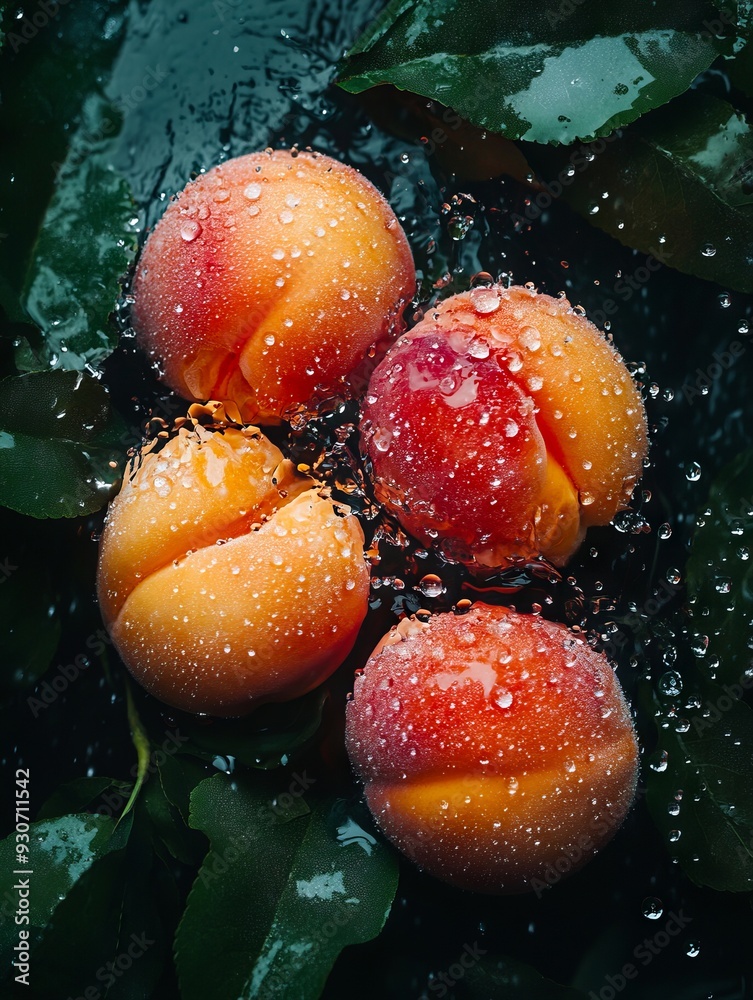 Three peaches with water droplets on them Three peaches with water droplets on them