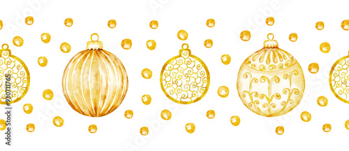 Christmas holiday design, watercolor gold ornaments seamless bordure, edging with golden balls