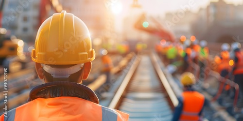 Engineer under inspection and checking the construction process of the railway switch and check the work on the railroad station.Engineer wearing safety uniform and safety helmet