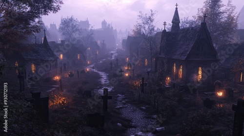 Fototapeta Naklejka Na Ścianę i Meble -  Misty Cemetery with Lights in Mystical Autumn Old Small Town 3D Art Fantasy Illustration. Spooky Huts in Ghost Village Mysterious Halloween Background. Ominous Witch Street in Oldtown AI Generated Art