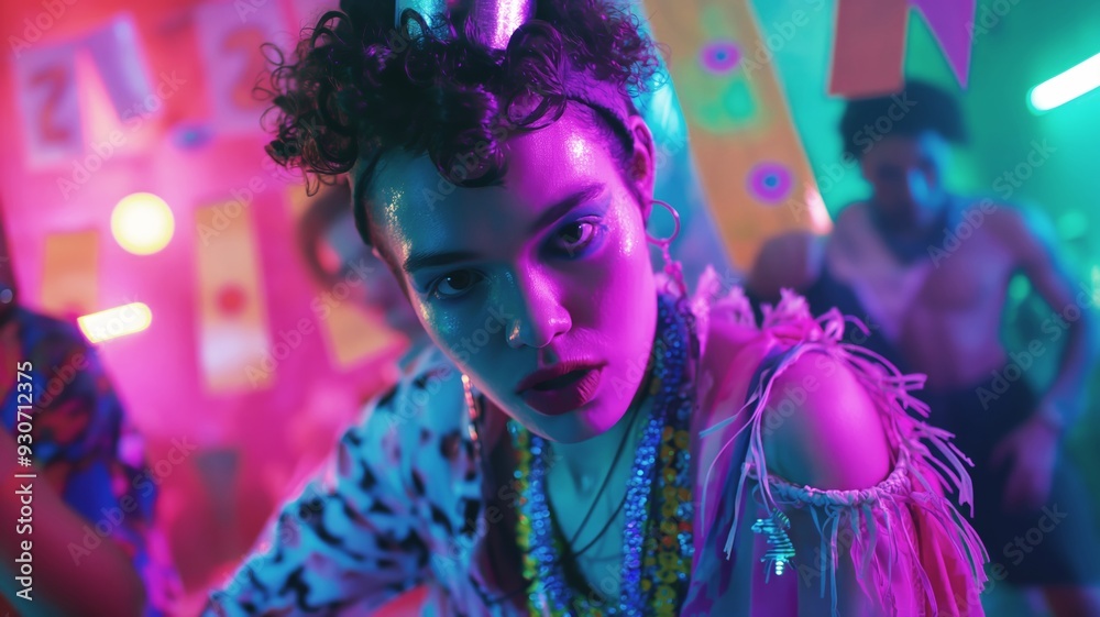 Vibrant Portrait of a Young Woman with Elaborate Artistic Makeup and Costume, Captured in the Midst of a Colorful and Energetic Celebration Vibrant Portrait of a Young Woman with Elaborate Artistic Makeup and Costume, Captured in the Midst of a Colorful and Energetic Celebration