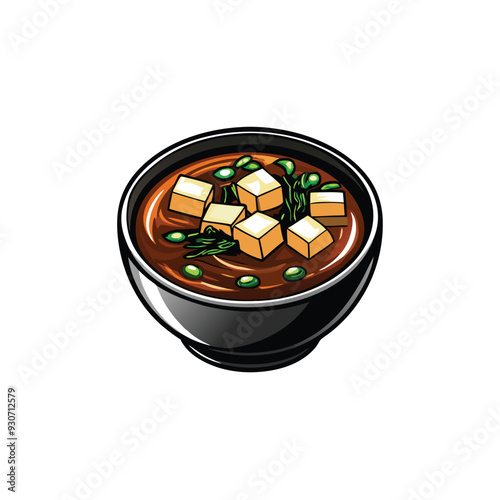 Create a vector illustration of a bowl of miso soup with tofu, featuring a black bowl with a brown broth, tofu cubes, and green vegetables.