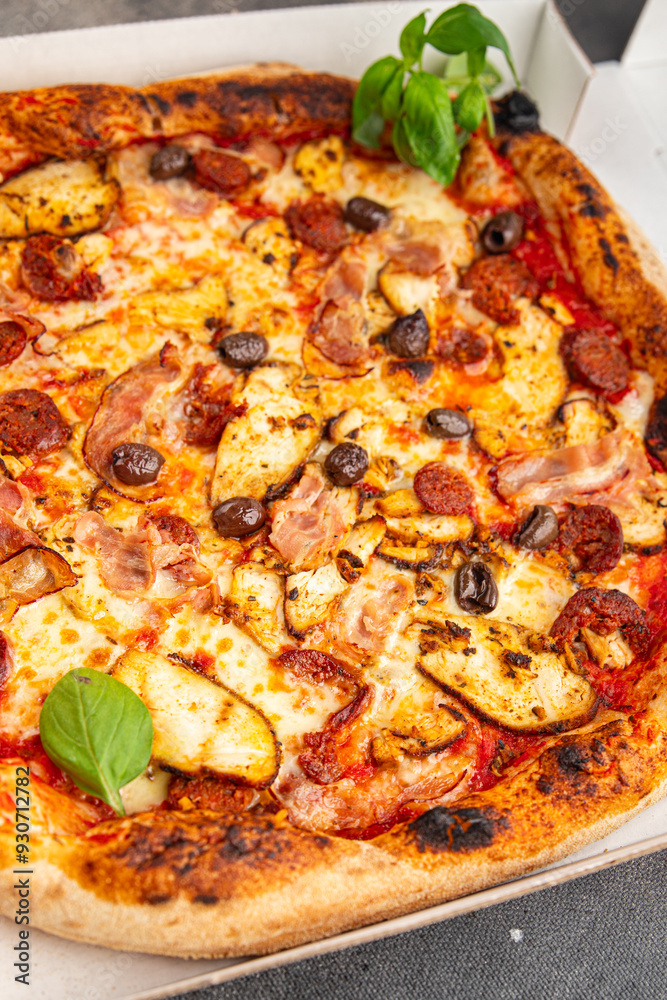 pizza chicken meat and olives, sausages, cheese, tomato sauce fresh meal food snack on the table copy space food background rustic top view pizza chicken meat and olives, sausages, cheese, tomato sauce fresh meal food snack on the table copy space food background rustic top view