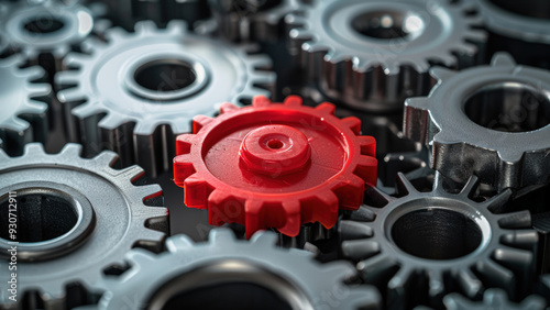 Red gear among silver gears highlighting uniqueness in mechanical industrial design