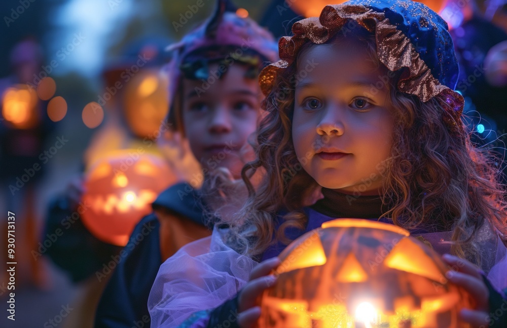 Obraz premium Children in costumes carry Halloween pumpkins.