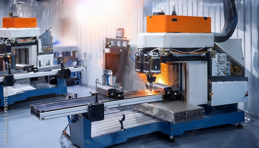 A heavy machinery creating sparks during manufacturing at a factory facility; industrial and manufacture; dramatic sparks flying and glowing during manufacture process A heavy machinery creating sparks during manufacturing at a factory facility; industrial and manufacture; dramatic sparks flying and glowing during manufacture process