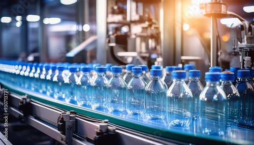 A conveyor belt in a bottled water filling facility; a row of blue plastic water bottles in an assembly line; bottled water filling factory facility; selective focus; blurred background