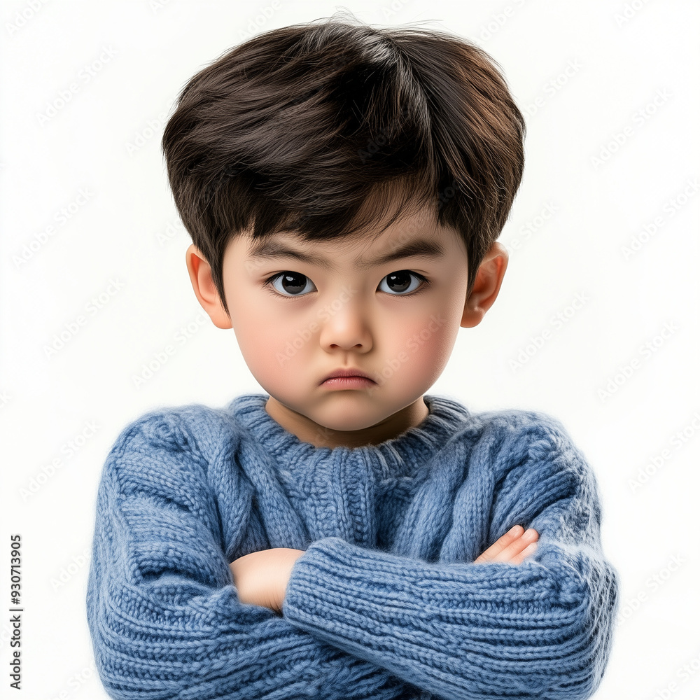 portrait of isolated little, 6 - 8 years old, korean/japanese/asian boy with angry/sad face expression; kid with crossed arms; blue sweater; white background portrait of isolated little, 6 - 8 years old, korean/japanese/asian boy with angry/sad face expression; kid with crossed arms; blue sweater; white background