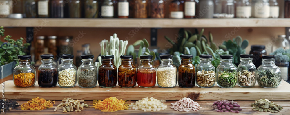 Glass jars filled with various herbs, seeds, and natural ingredients neatly arranged on a wooden shelf. Background features more jars and plants, creating an apothecary-like atmosphere Glass jars filled with various herbs, seeds, and natural ingredients neatly arranged on a wooden shelf. Background features more jars and plants, creating an apothecary-like atmosphere