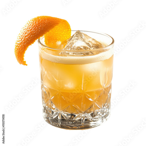 A whiskey sour in a short glass with an orange peel, isolated, cut out.