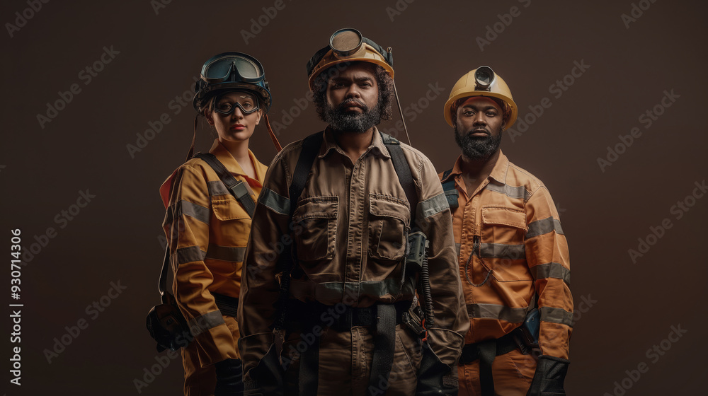 Group of miners in safety gear and helmets, standing together against a dark background. They have serious expressions and are dressed in reflective workwear Group of miners in safety gear and helmets, standing together against a dark background. They have serious expressions and are dressed in reflective workwear