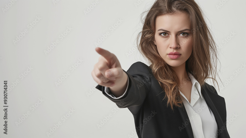 Confident young woman in black suit pointing directly at camera with a serious expression against a light gray background. She exudes determination and authority, reflecting assertiveness and focus
