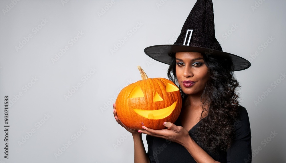 A young lady celebrating halloween and dressed as a witch with pumpkin or jack-o-lantern in her hand; a halloween witch costume or cosplay; happy halloween and fall season festivity A young lady celebrating halloween and dressed as a witch with pumpkin or jack-o-lantern in her hand; a halloween witch costume or cosplay; happy halloween and fall season festivity