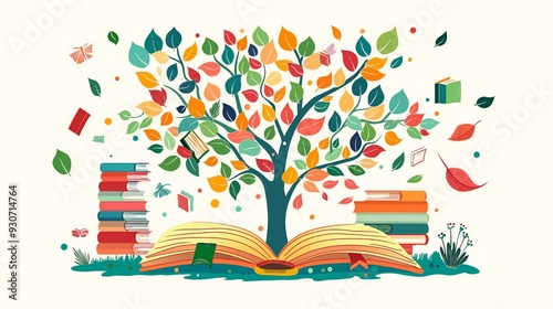 Tree of knowledge illustration with branches and leaves made from books, symbolizing growth and learning, International Literacy Day concept