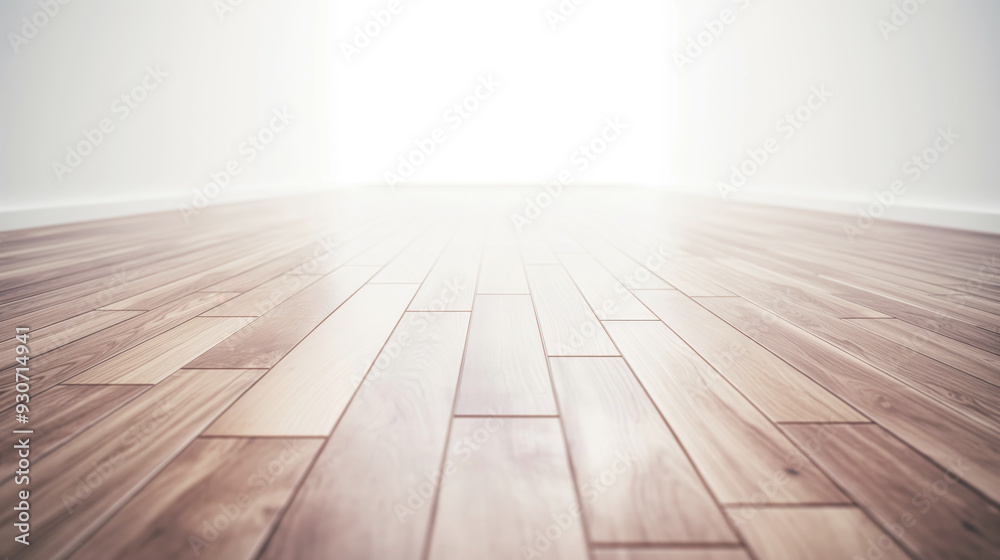 Fototapeta premium Polished wooden floor with varying shades extending towards bright light. Smooth surface and clean lines create a modern, minimalist atmosphere.