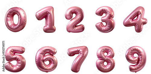 Rose gold foil pink 3d helium balloon set of numbers 0-9. Cutout PNG file