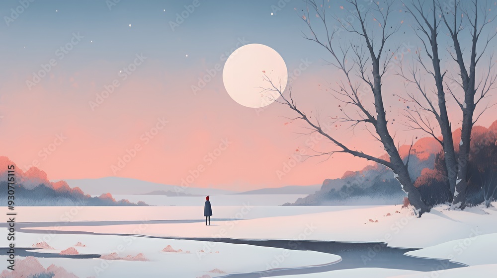 Fototapeta premium A serene winter landscape featuring a figure by a river under a large moon at dusk.
