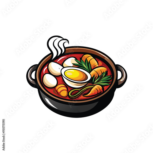 Create a vector image of a steaming pot of sundubu jjiga, a Korean soft tofu stew, with ingredients like tofu, eggs, carrots, and green onions.