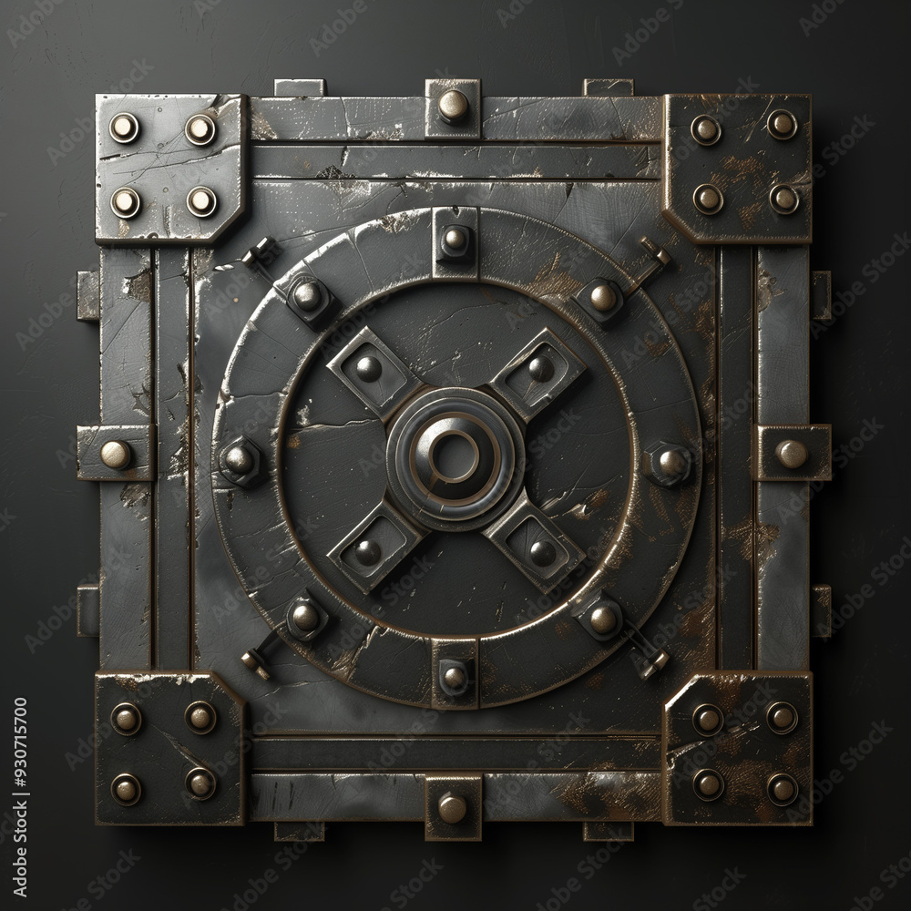 Rustic metallic vault door with heavy bolts and weathered surface
Rustic metallic vault door with heavy bolts and weathered surface