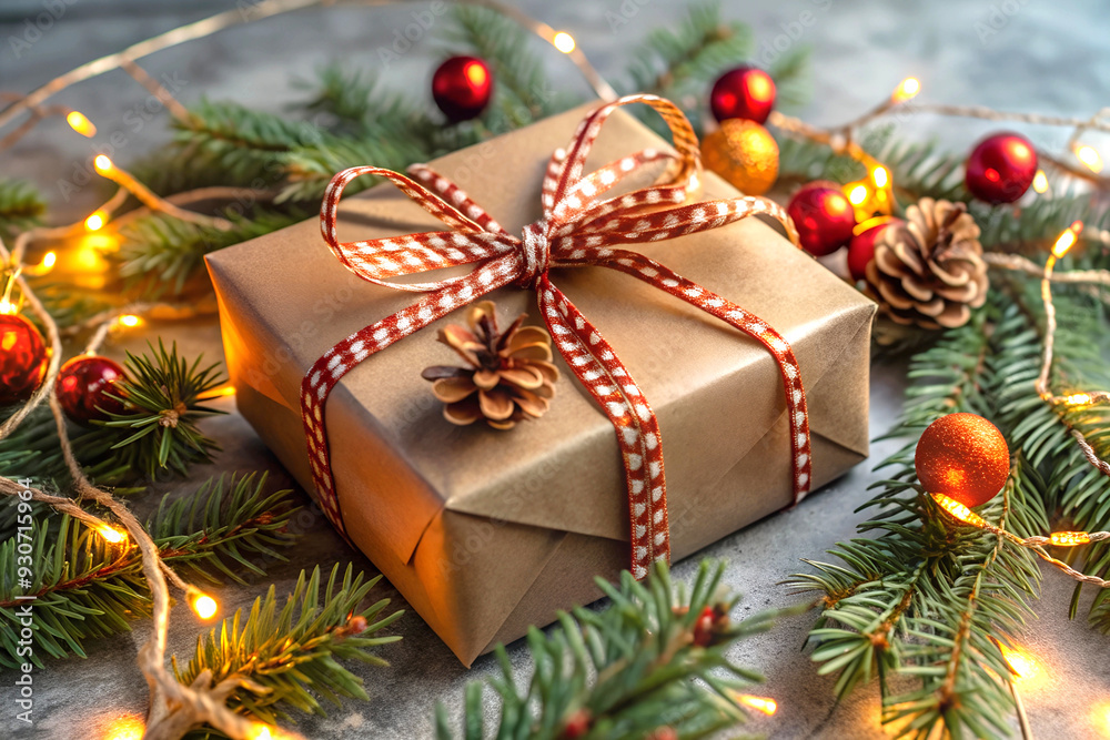 A box with a Christmas gift surrounded by fir branches, toys and garlands