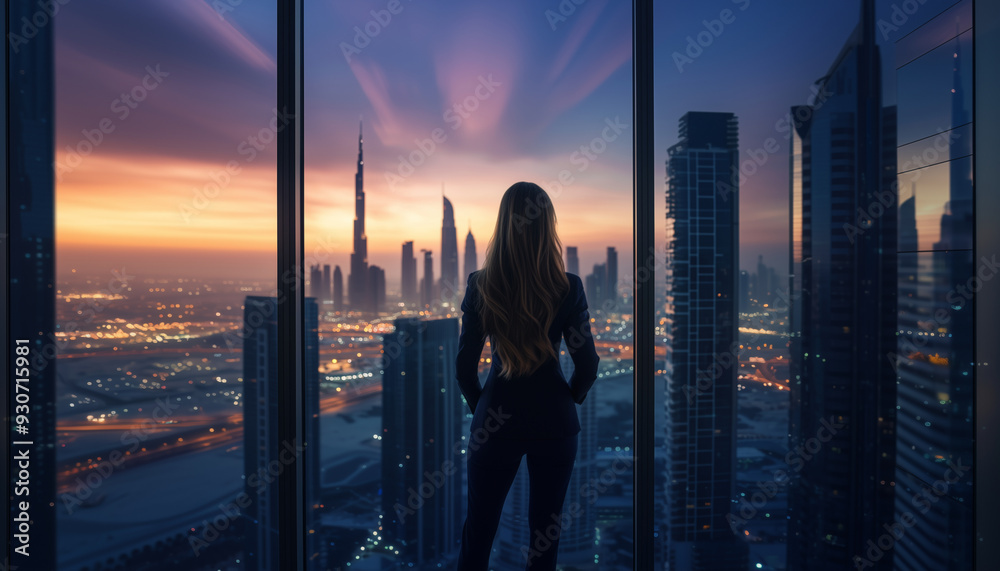 Successful businesswoman looking out of big window at city view. Business woman standing alone looking at modern downtown high-rises. Job and occupation concept Successful businesswoman looking out of big window at city view. Business woman standing alone looking at modern downtown high-rises. Job and occupation concept