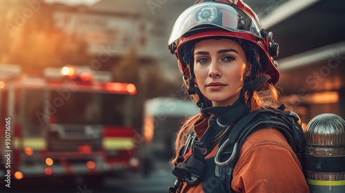 Courageous firefighter in full gear posing for a portrait shot in action.