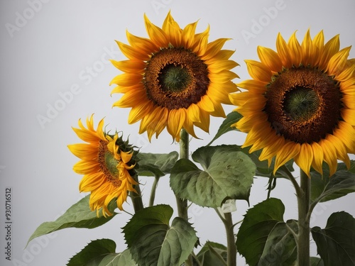 Portrait of three vibrant sunflowers with rich green leaves against a muted background photo