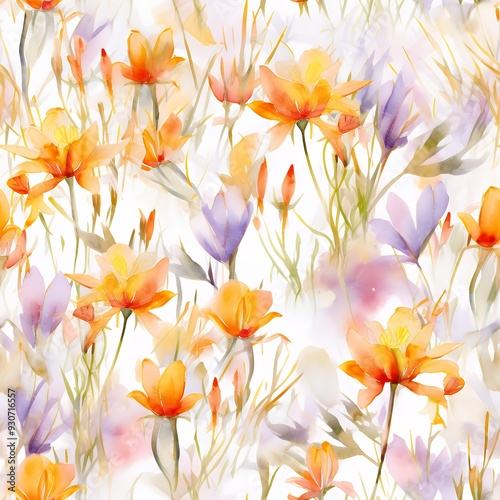 A vibrant watercolor floral pattern featuring orange and purple flowers against a light background.