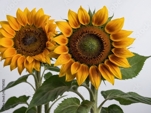 A close up of two vibrant sunflowers in full bloom showcasing their intricate details against a neutral background photo