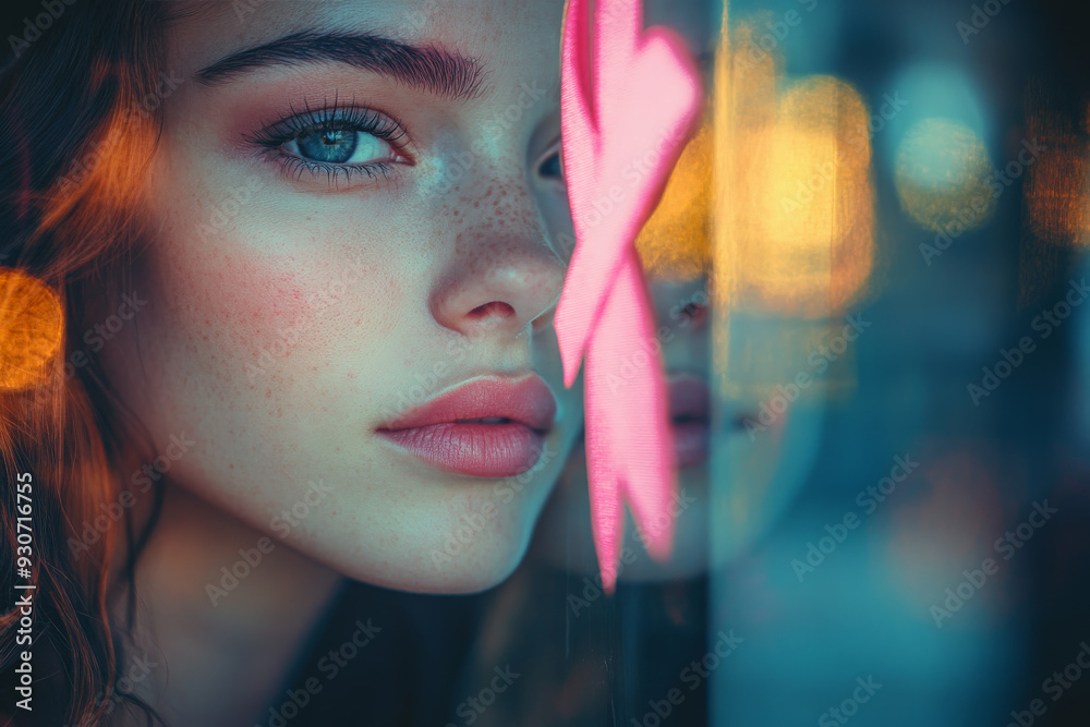 Woman uses lipstick to draw pink ribbon on glass. Breast Cancer Awareness Woman uses lipstick to draw pink ribbon on glass. Breast Cancer Awareness