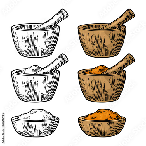 Wooden pestle and mortar with crushed piece. Vintage color vector engraving illustration for label, poster. Isolated on white background. Hand drawn design element © MoreVector