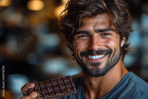 A young man enjoys a chocolate bar indoors, smiling as he takes a bite. The warm lighting and relaxed setting create a cozy atmosphere, perfect for themes related to snacking, indulgence, or relaxatio photo