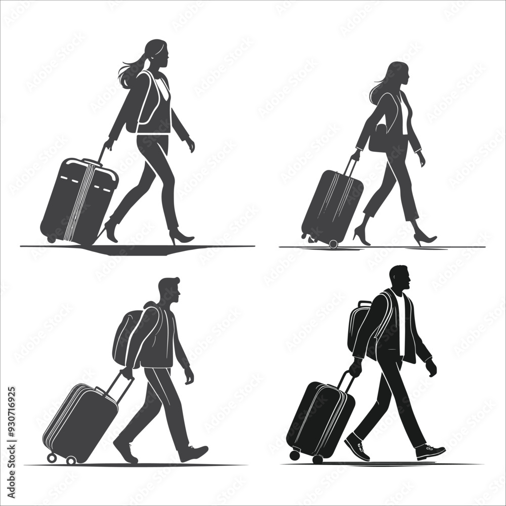Traveler Silhouettes with Luggage Vector Illustrations Traveler Silhouettes with Luggage Vector Illustrations