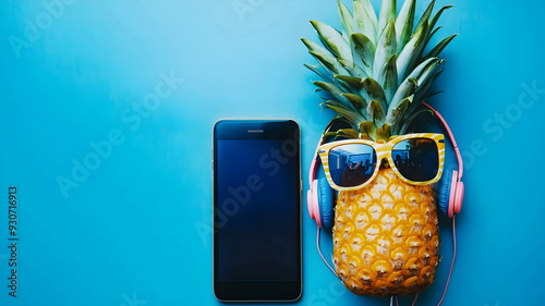 Pineapple Smartphone Summer Fun Sunglasses Headphones Vivid Colors Creativity Relaxation photo