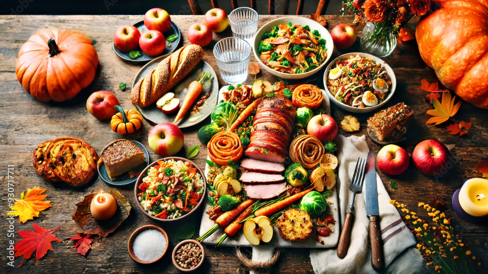 Fototapeta premium Autumn Thanksgiving Feast with Roast Turkey, Fresh Vegetables, and Seasonal Fruits on Rustic Table. Thanksgiving table setting. banner