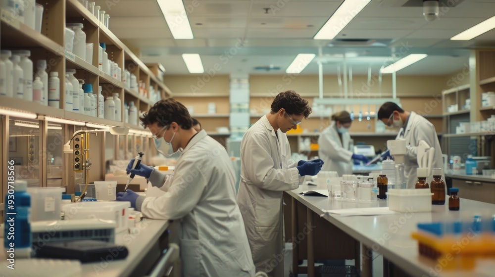 A group of scientists working together in a modern laboratory setting A group of scientists working together in a modern laboratory setting
