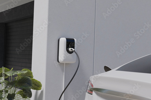 wall ev charger while working, EV vehicle charging on a station near the building out door, 3d rendering photo