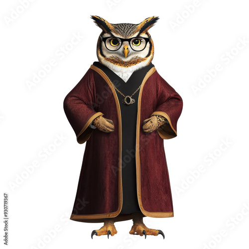 An owl in a professor’s gown and glasses, isolated, cut out photo