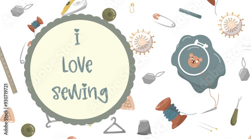 Vector illustration for sewing workshops, banners of weaving factories, tailors. Illustration with needles, threads, buttons, hoops and other sewing accessories.