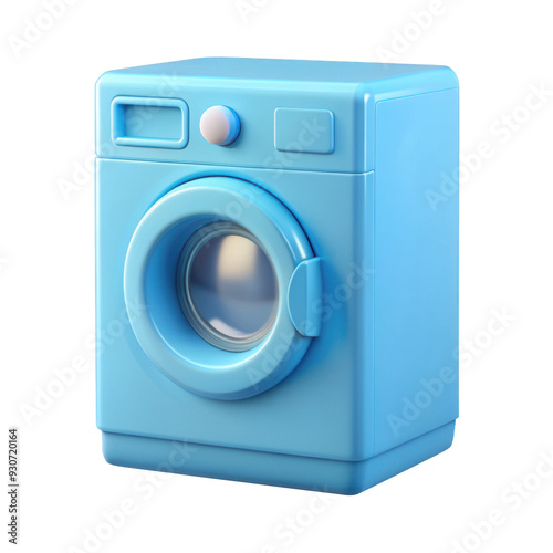 A blue 3D illustration of a washing machine icon, designed with a modern, minimalistic style. Perfect for use in apps, websites, and graphic designs. Isolated on transparent background, png.