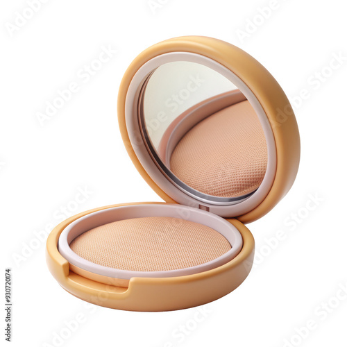 Open 3D compact powder makeup case with a mirror, featuring a smooth beige powder for facial application. Ideal for beauty and cosmetics design. Isolated on transparent background, png. photo