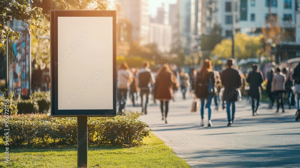 Blank billboard in a busy urban park with blurred people in the background, surrounded by greenery and a modern cityscape, creating a lively yet calm scene. Empty banner, blurred people Blank billboard in a busy urban park with blurred people in the background, surrounded by greenery and a modern cityscape, creating a lively yet calm scene. Empty banner, blurred people