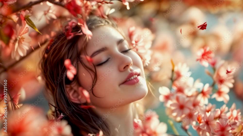 A young woman smiles as she relaxes among cherry blossoms during the spring season A young woman smiles as she relaxes among cherry blossoms during the spring season