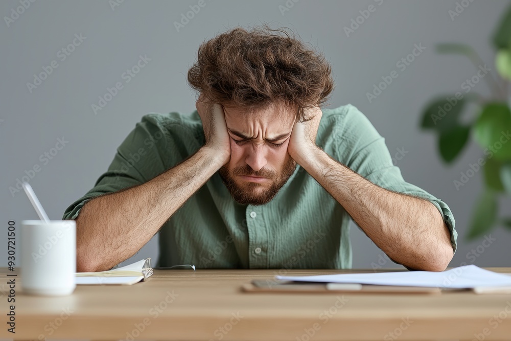 Frustrated Man Sitting at Desk with Head in Hands, Overwhelmed by Work, Stressful Office Environment Frustrated Man Sitting at Desk with Head in Hands, Overwhelmed by Work, Stressful Office Environment