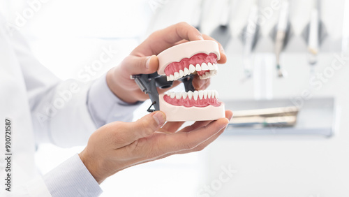 Orthodontology and prosthetics concept. Hands of male dentist showing plastic jaw model, close up, copy space photo