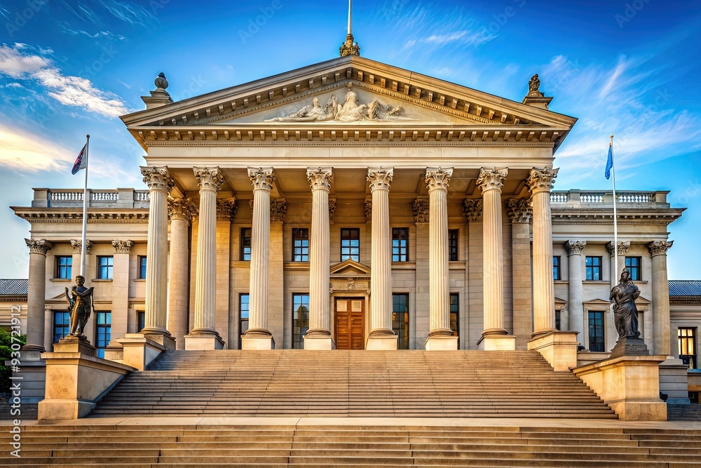 Fototapeta premium Imposing neoclassical-style government building with columns and staircase, housing the highest court in the state, symbolizing justice and law in the heart of the capital.