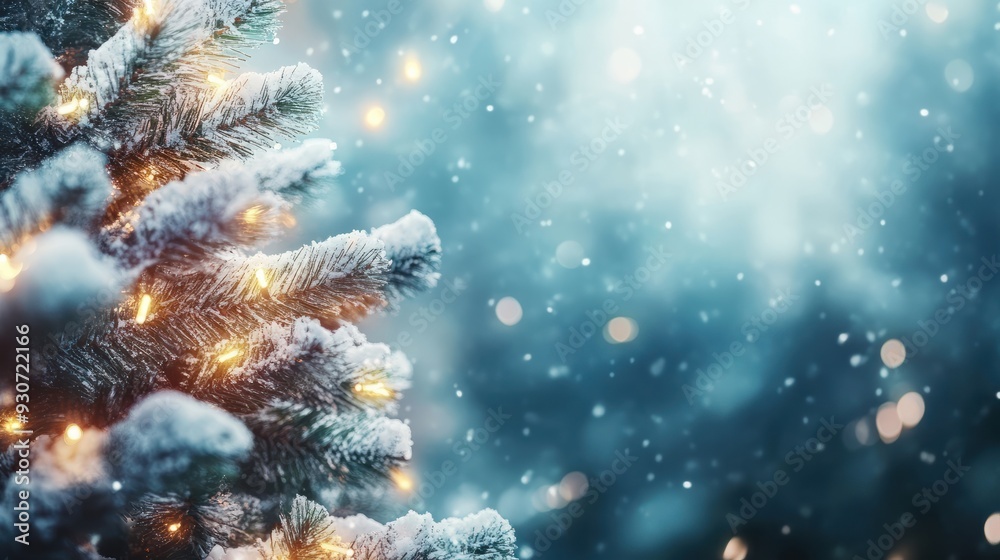 Weihnachten Hintergrund. Weihnachtsbaum mit Schnee verziert mit Lichterkette, Urlaub festlicher Hintergrund. Widescreen Rahmen Hintergrund. Neujahr Winter Art Design, Weihnachtsszene Breitbild