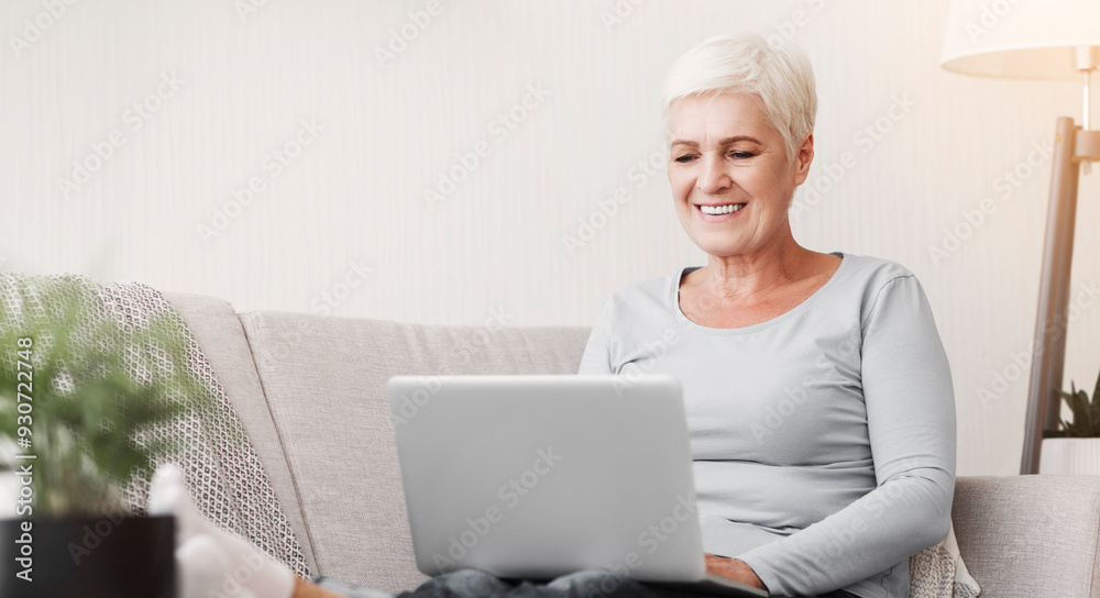 Smiling old woman working from home, typing email on laptop, sitting on sofa, copy space Smiling old woman working from home, typing email on laptop, sitting on sofa, copy space